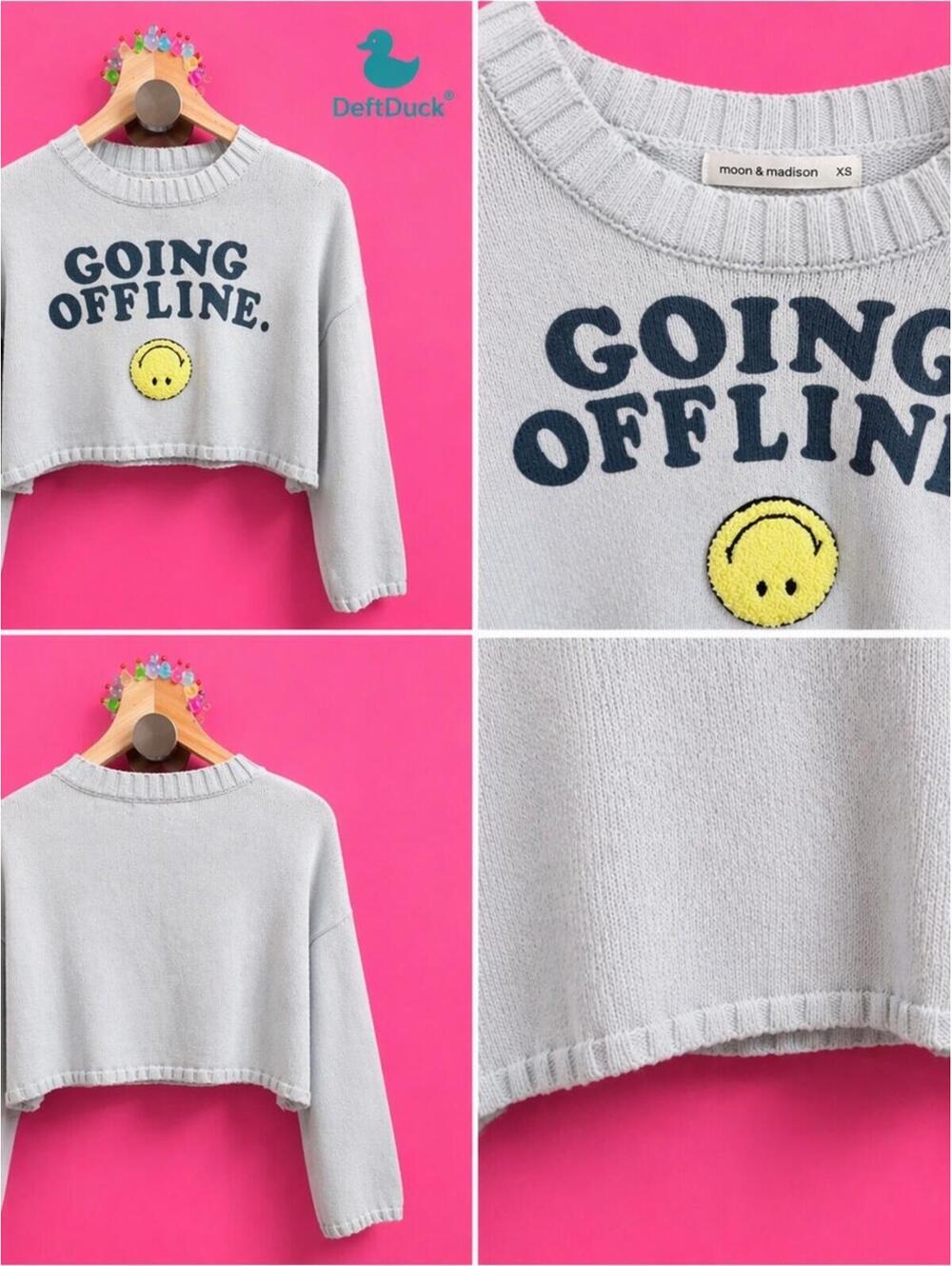 moon & madison Cropped 'Going Offline' Crewneck Sweater - Light Gray